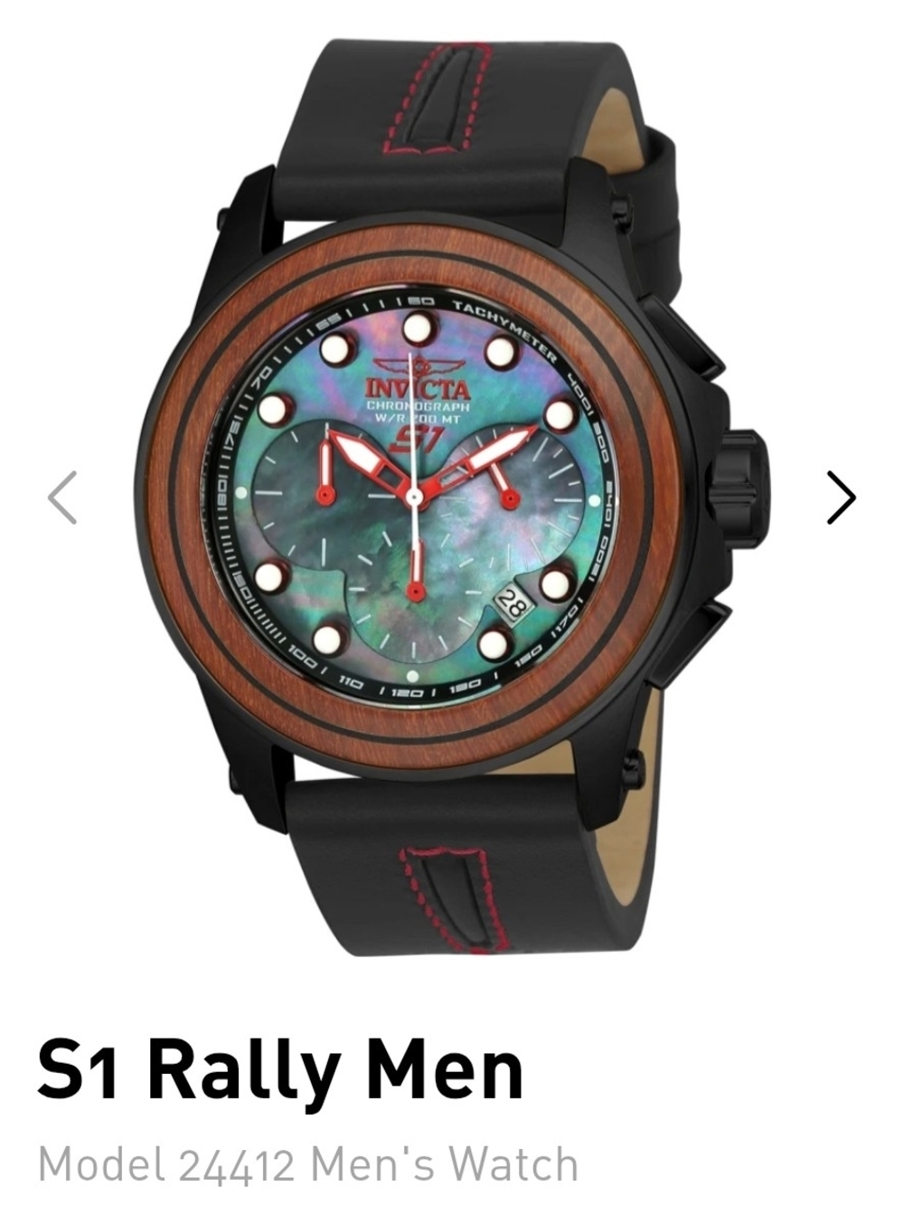 Invicta Chronograph Watch - Black, Wood, Mother-of-Pearl, Red Accents 45mm